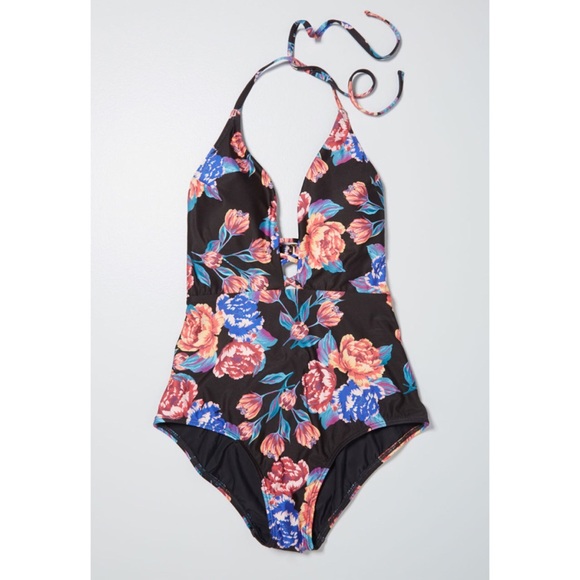 ModCloth The Pamela Plunge Black Floral High Waist One Piece M NWT - Picture 3 of 6
